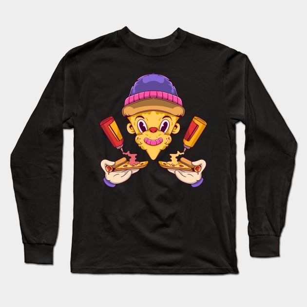 Pizza Man in 70s Character Style Long Sleeve T-Shirt by Kumilism